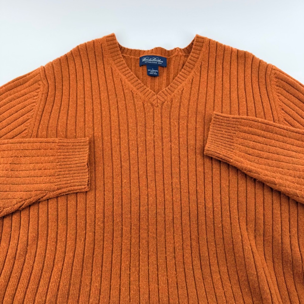 Brooks Brothers Lambswool V-Neck Ribbed Sweater Large Burnt Orange Rust Mens